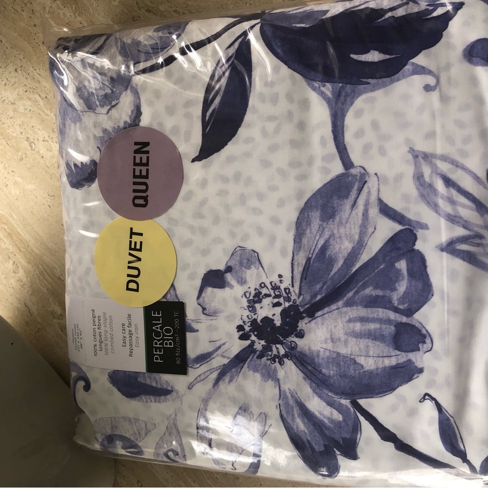 Anne de Solene Queen Duvet Cover Egerie Long Staple Cotton Blue Floral New